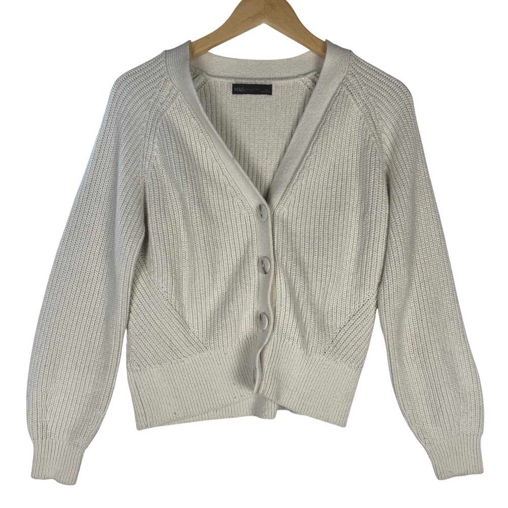 M&S Collection Cream Chunky Ribbed Knit V-Neck Button Front Cardigan Sweater S/M